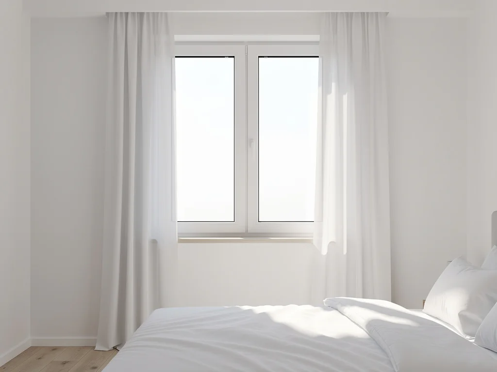 Fenêtre PVC blanche à double vitrage posée dans une chambre lumineuse