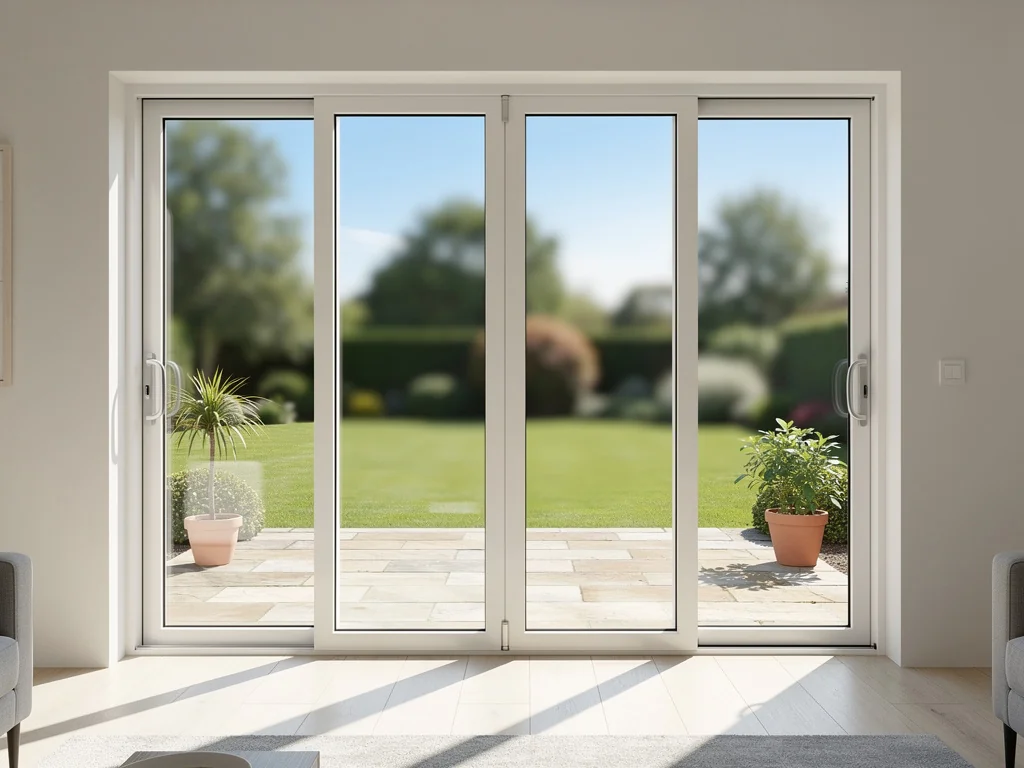 Porte-fenêtre PVC coulissante ouvrant sur une terrasse