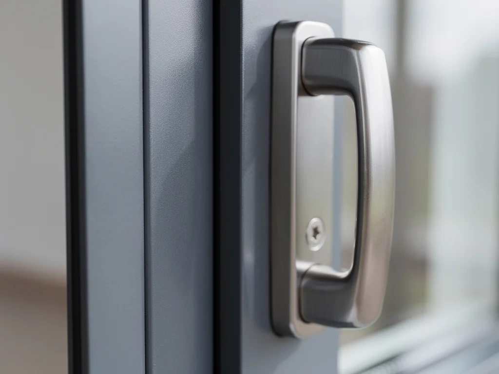 Détail d'un profilé PVC gris anthracite et de sa poignée sécurisée
